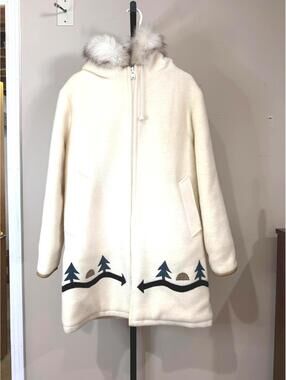 central sportswear co wool jacket Cream Hooded Coat with Fur Trim Tree Pattern